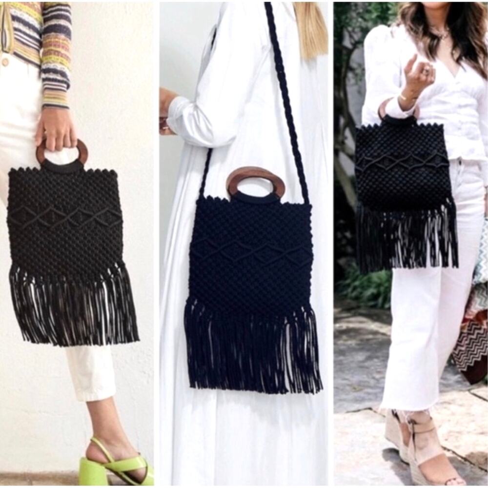 Danielle Nicole Crochet Macrame Hobo Bag Black Bo… - image 2